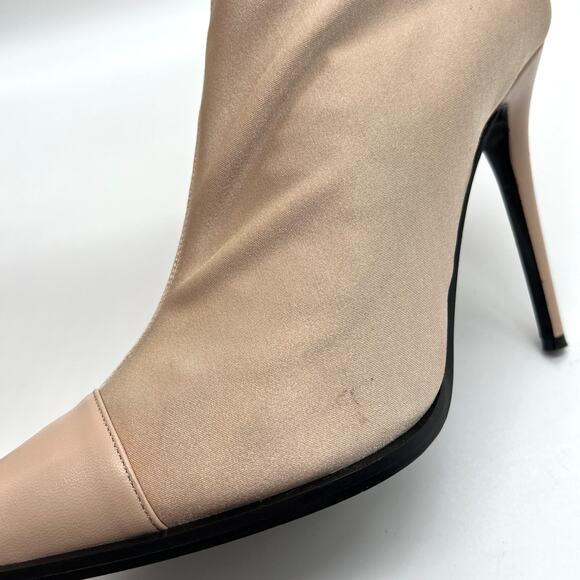 AMIRI Sock Bootie Stiletto Heel Womens 10.5 Tan Neoprene Pointed Leather Cap Toe - Picture 16 of 16